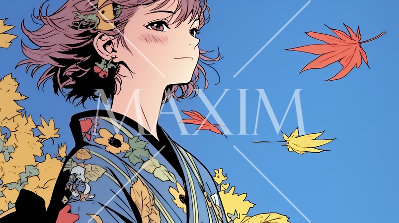 紅葉に包まれた中、着物を纏った若い女性が佇んでいる