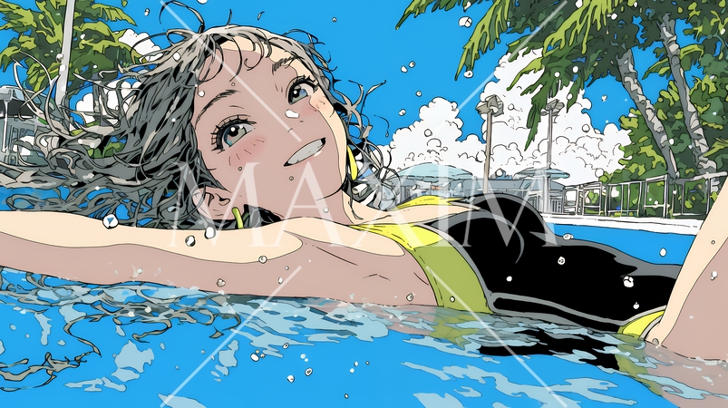 海で泳いでいる若い女性