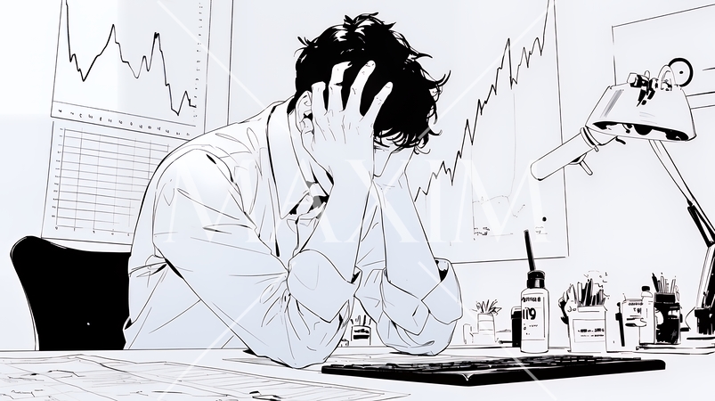 金融市場の急激な変動で頭を抱えている男性（シンプルな色使い）