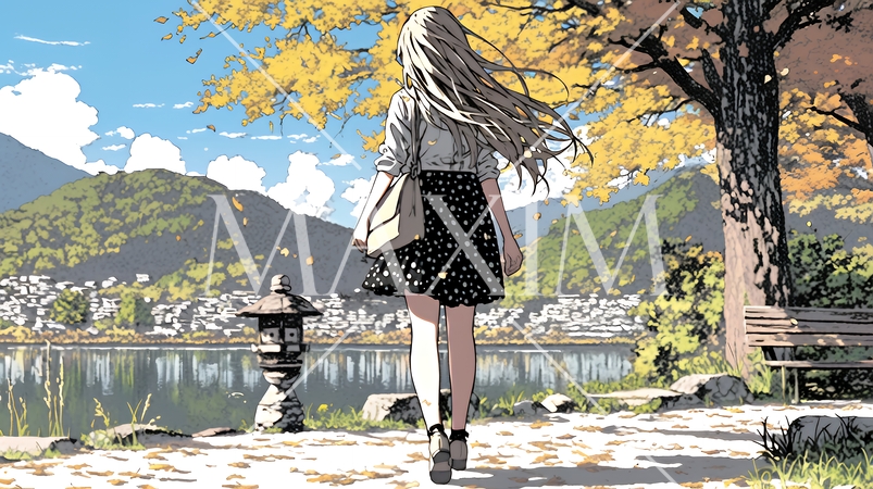 水辺の紅葉の小径を散策している若い女性