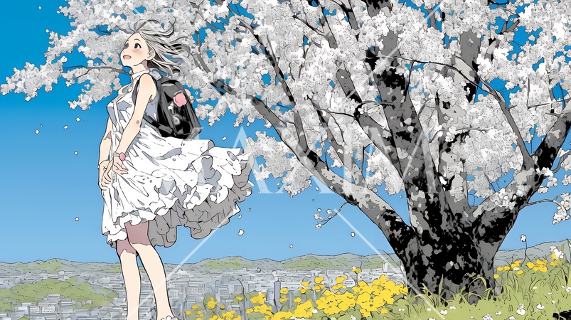 満開の桜の木の下を歩く若い女性