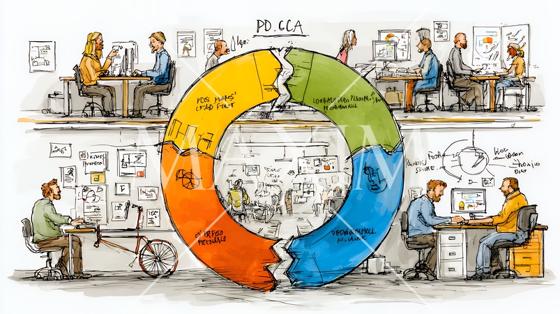 PDCA：「Plan（計画）」「Do（実行）」「Check（評価）」「Action（改善）」のイメー
