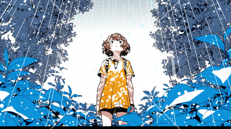 突然の雨に戸惑っている少女
