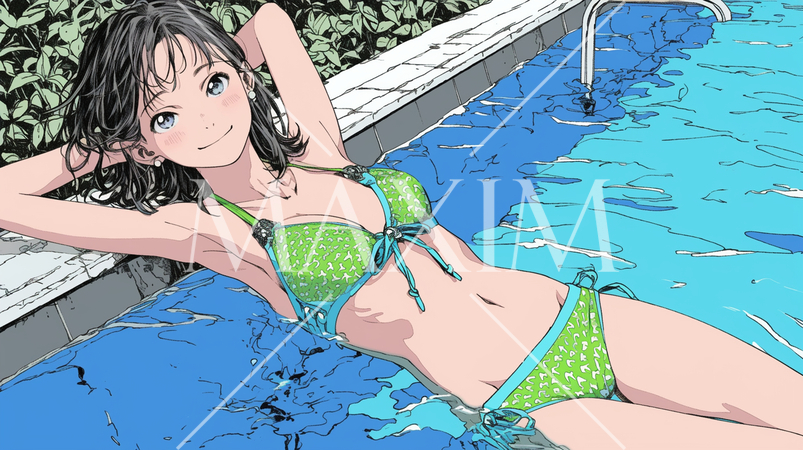 南国のリゾートホテルのプールにビキニ姿でいる若い女性