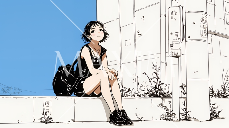 若い女性が佇む都市の街角（シンプルな色使い）