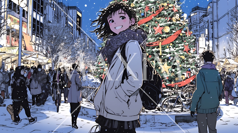 クリスマスイルミネーションが美しい街を散策する若い女性