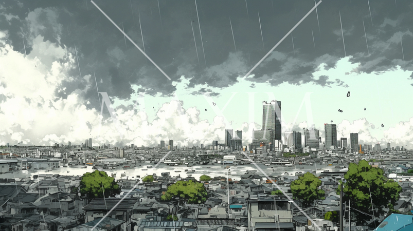 雨天の都会の遠景