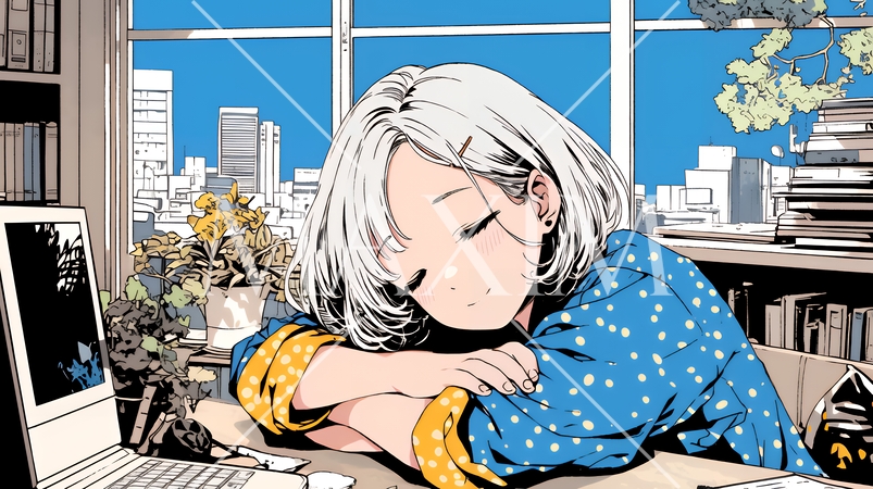 机にうつ伏せになって、幸せそうな寝顔で眠っている若い女性