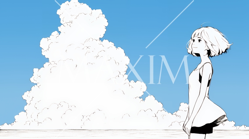 夏の海と入道雲と若い女性（シンプルな色使い）