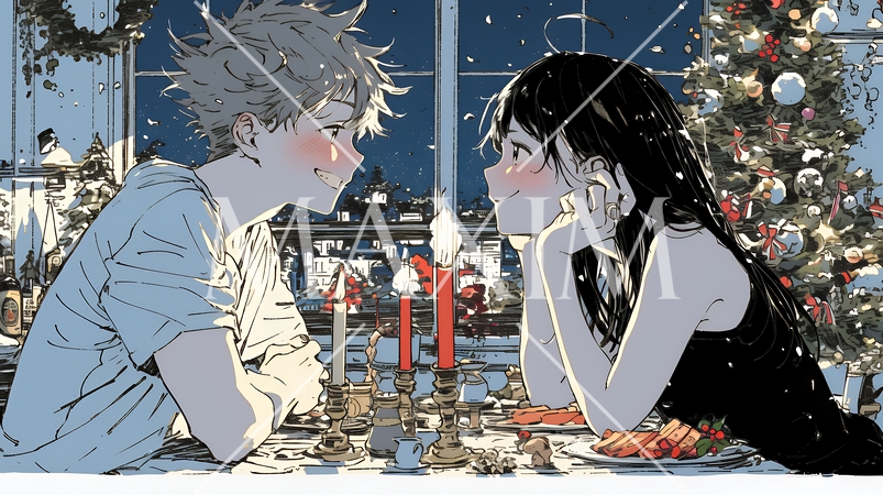 クリスマスディナーを楽しんでいる若いカップル