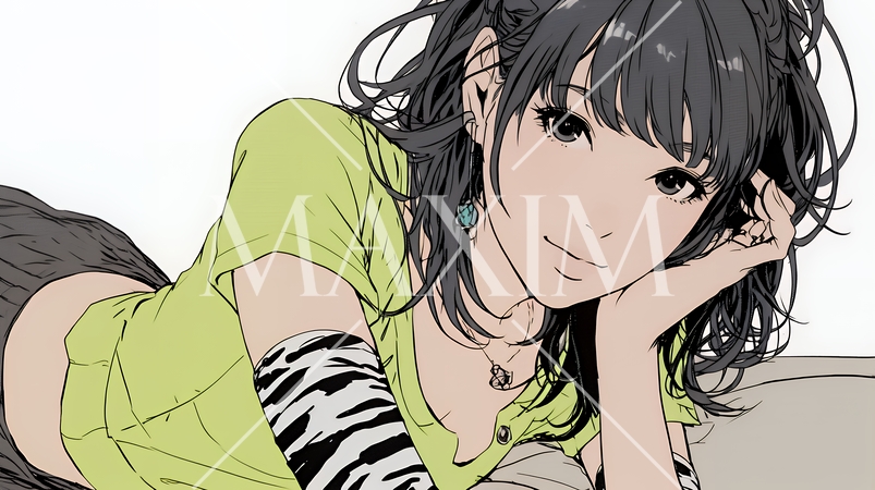 頬杖をついて微笑んでいる若い女性