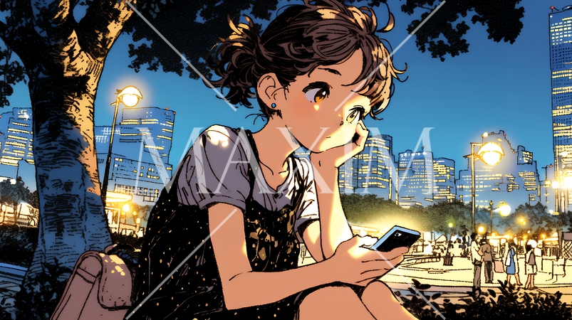 外出中にスマートフォンをいじくっている若い女性