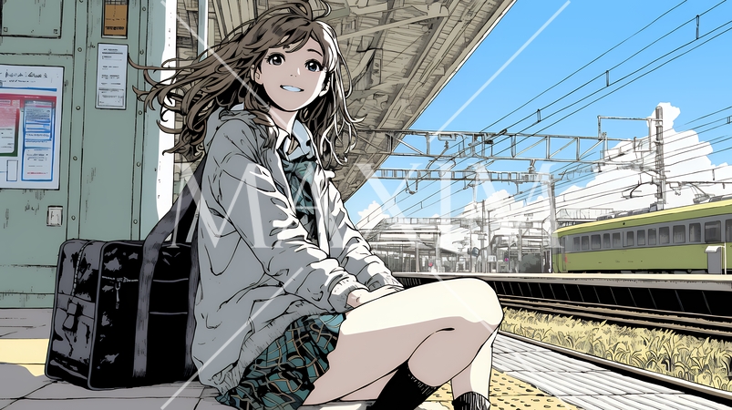 駅のホームで、なかなか来ない電車を待ちくたびれている若い女性