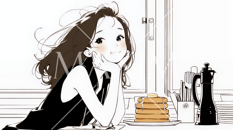 早朝のダイナー（喫茶店）でパンケーキ（モーニングセット）を食べる若い女性（シンプルな色使い）