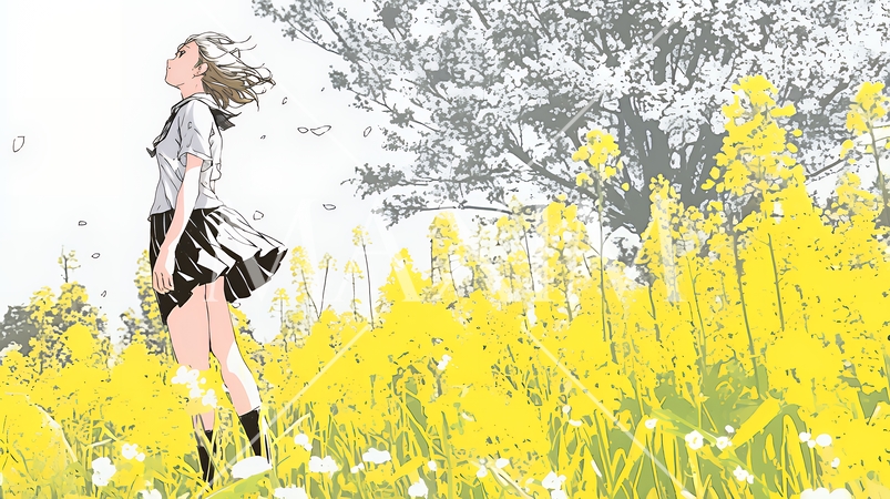 春風の中、菜の花畑にいる制服姿の女子高生