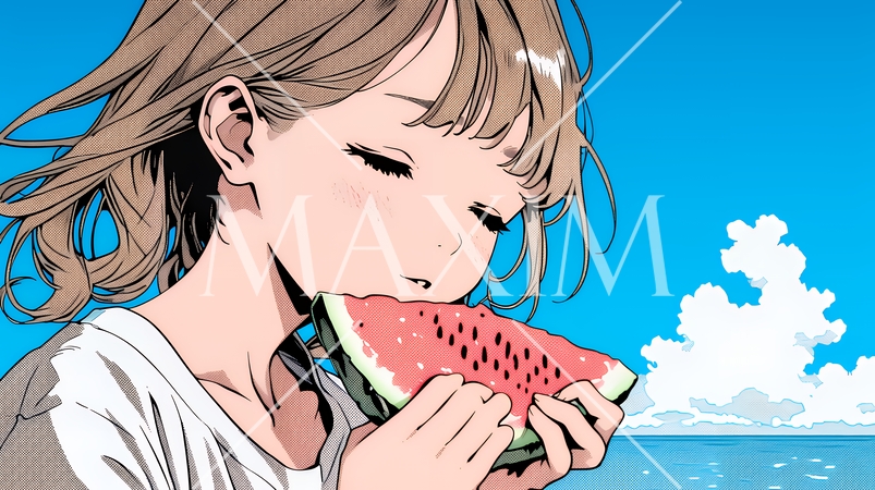 スイカを海辺て食べている若い女性