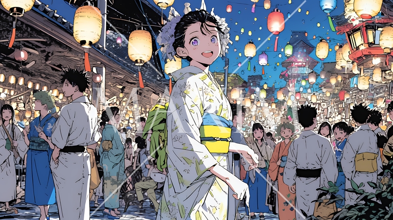 縁日屋台が立ち並び、賑わいを見せる祭りの夜