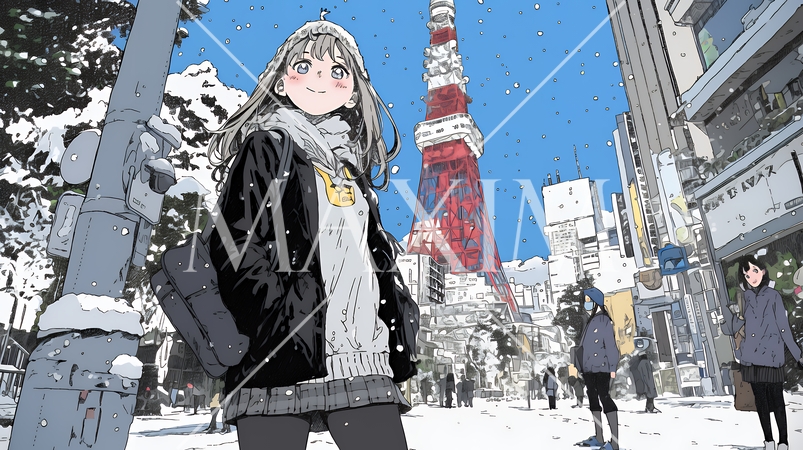 雪の積もる冬の都会を散策している若生女性