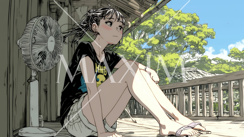 暑い夏の昼下がり、扇風機にあたって涼んでいる若い女性