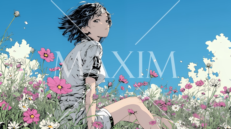 コスモス畑にいる若い女性