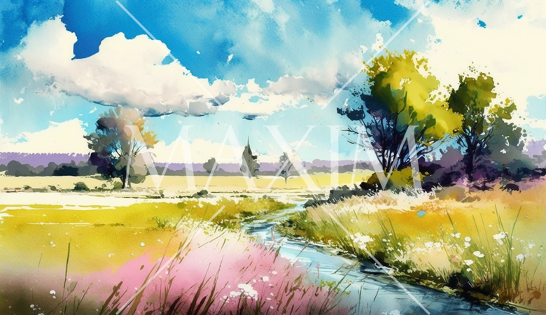 草原と青空を水彩画で表現