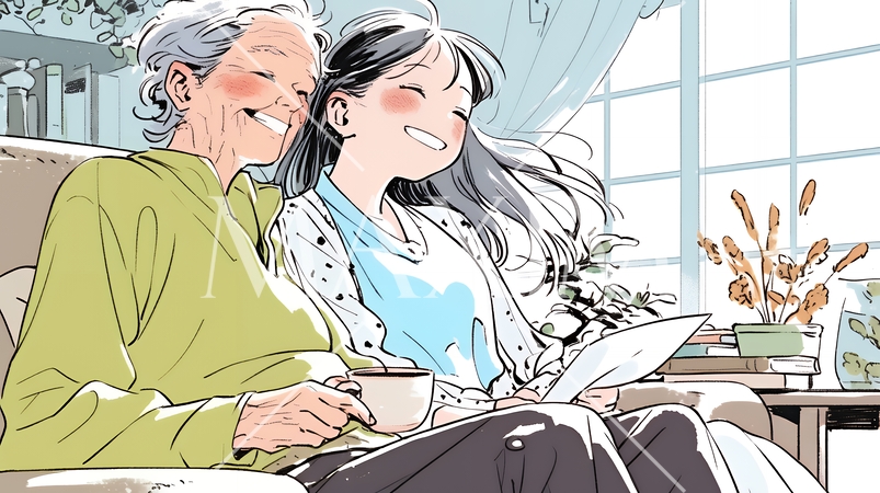 老人福祉施設でゆったりと過ごす老人と仲の良い介護士