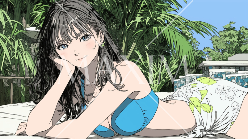 南国のリゾートホテルのプールにビキニ姿でいる若い女性