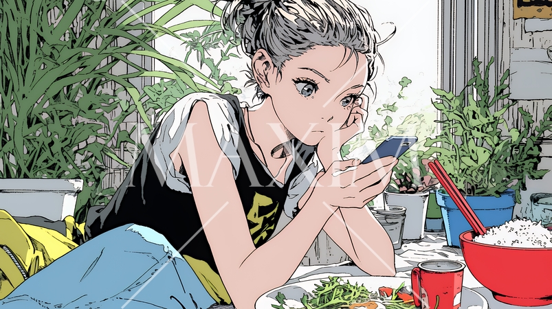 食事の最中もスマホを手放せない若い女性