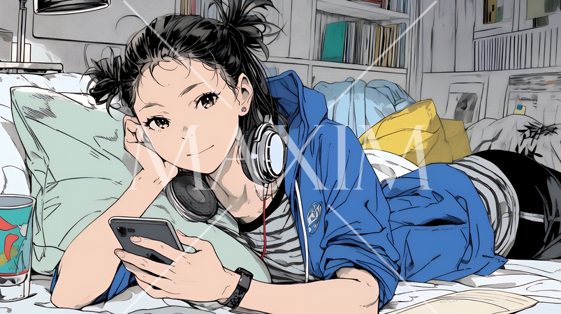 ベッドに横になってスマートフォンをいじくっている若い女性