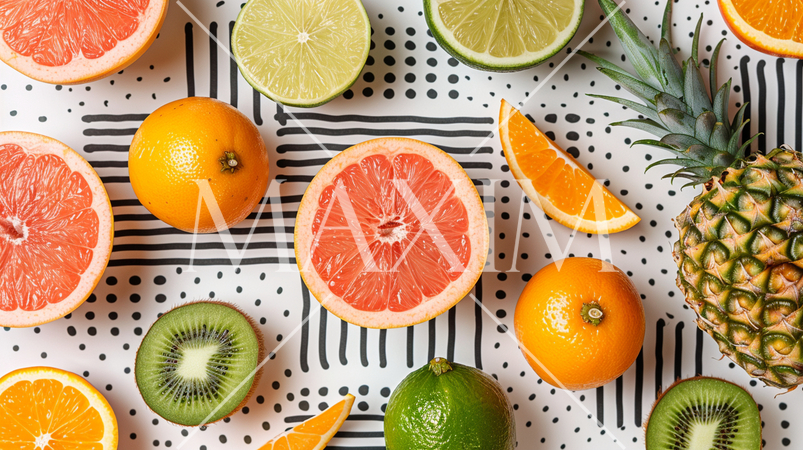 トロピカルフルーツ（オレンジ、キーウイ、パインアップル、レモン、ライム）精緻CG