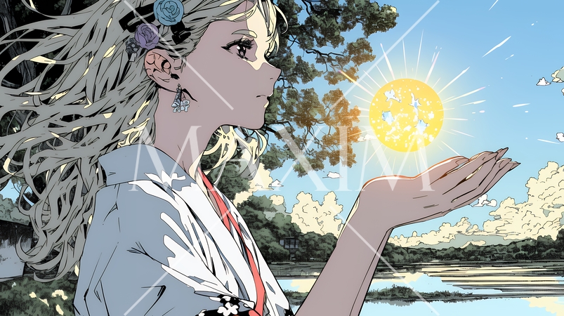 太陽を手のひらに乗せているように自撮りしている女性