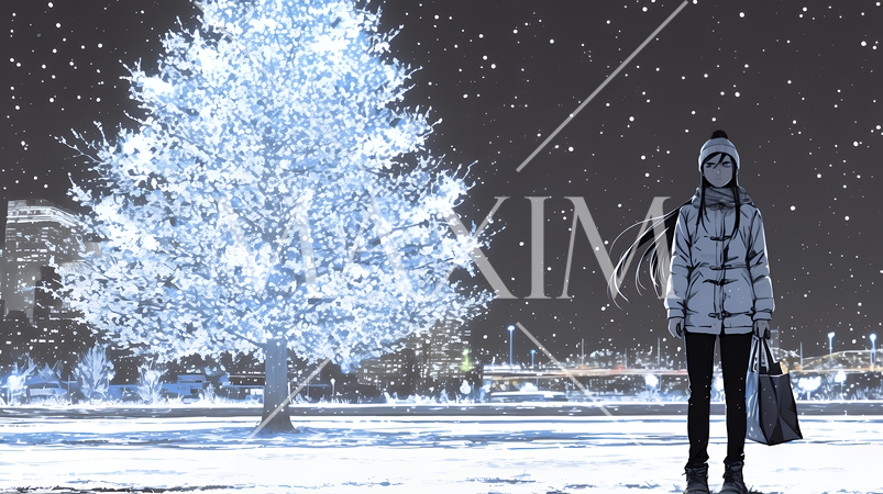 公園の立木が雪をまとってクリスマスツリーみたい