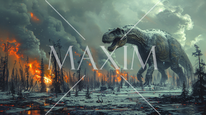 6500万年前、巨大隕石衝突による大森林火災と大寒波に見舞われている恐竜：精緻CG