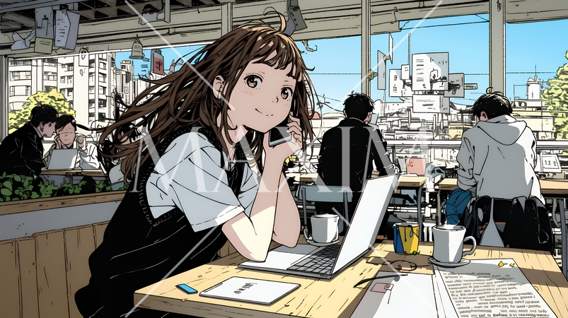 カフェでフリーランスや学生が仕事や勉強をしている