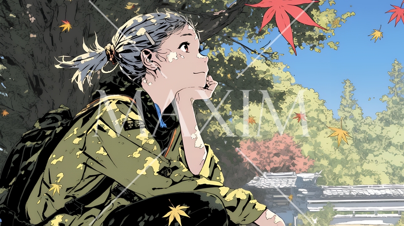 秋の紅葉を見ている若い女性