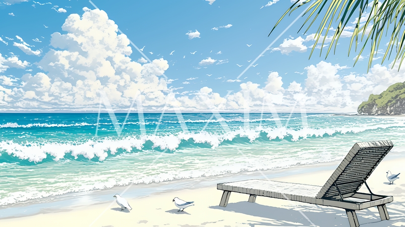 夏の海と空と白い浜辺