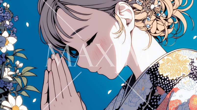 手を合わせてお祈りをしている和服姿の若い女性