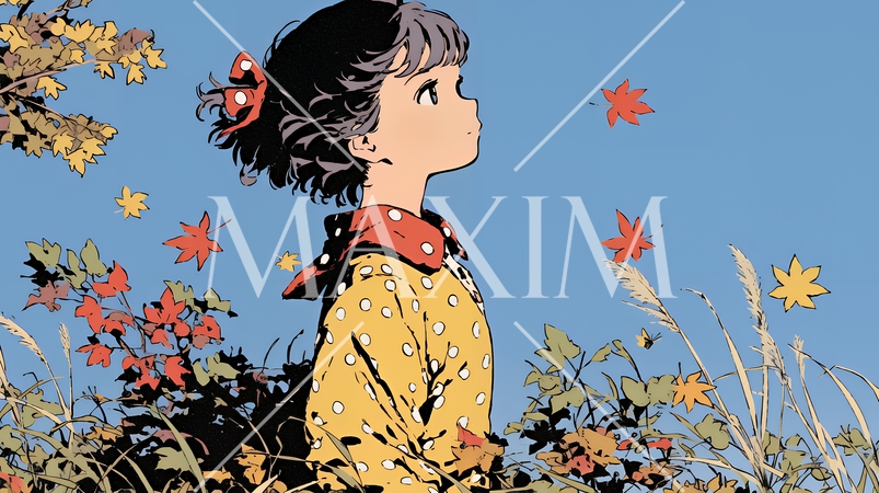 紅葉の小径を歩く少女