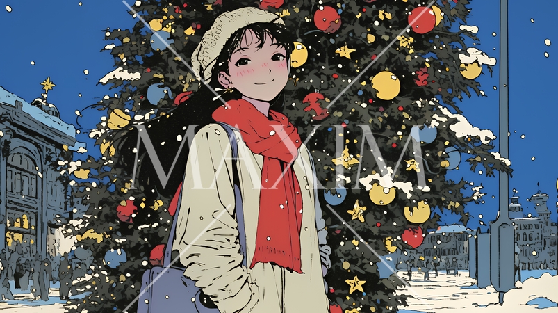 ホワイトクリスマスの街を歩く若い女性