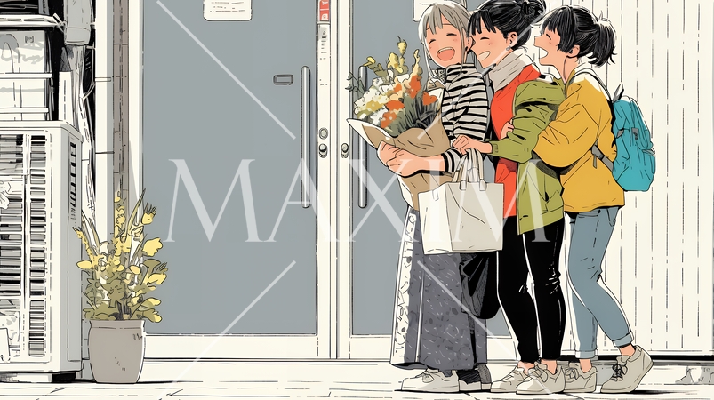 道端で会話を楽しむ若い主婦たち（ママ友たち）