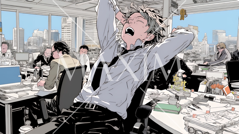 仕事中にあくびをしている若い男性