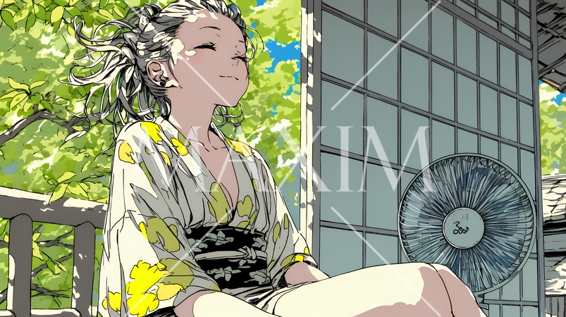 暑い夏の昼下がり、扇風機にあたって涼んでいる若い女性