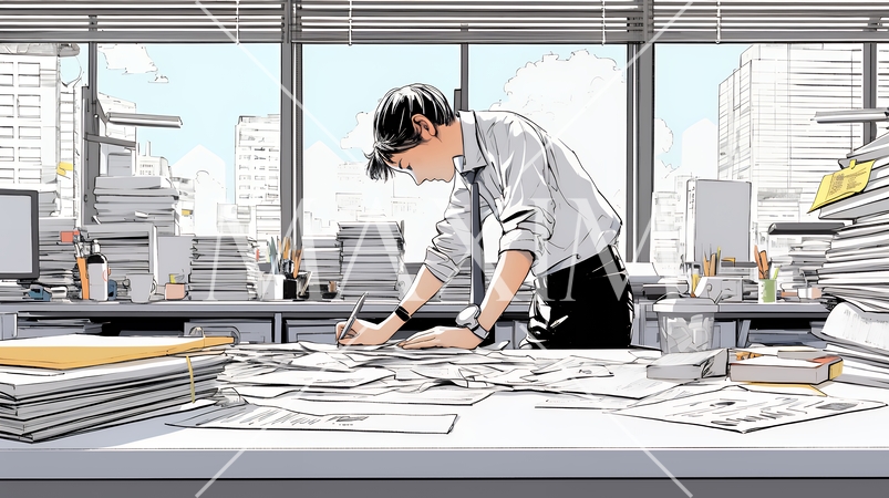 オフィスのデスクで、入念に書類をチェックする男性