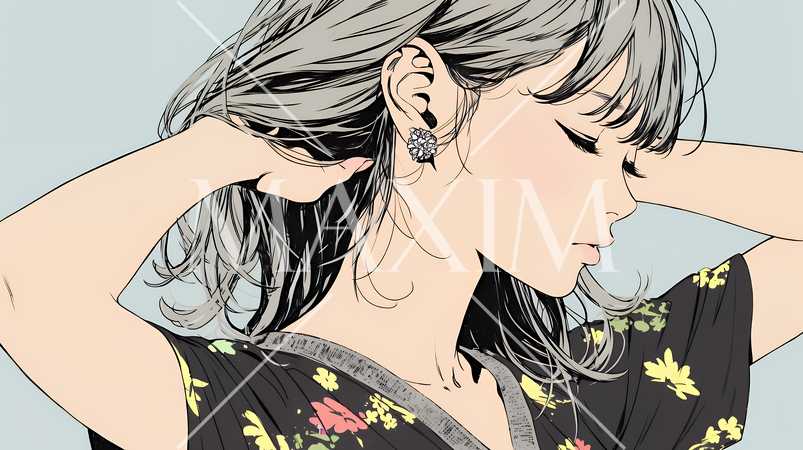 髪をかきあげている（なでている）若い女性