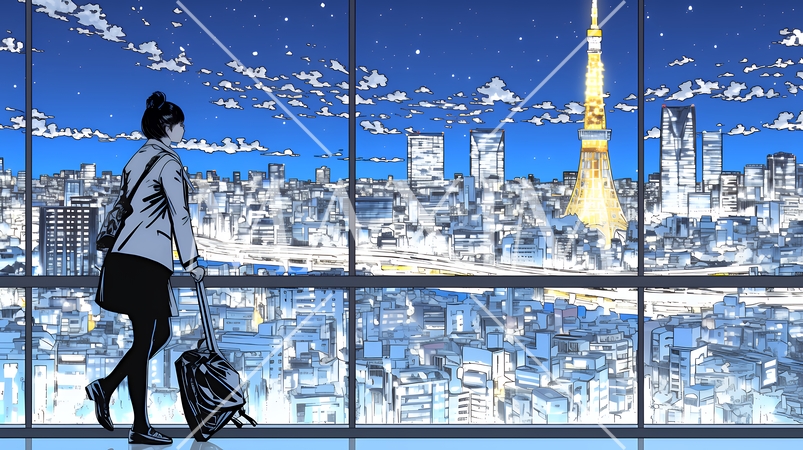 高層ビル群を見下ろすキャリア女性