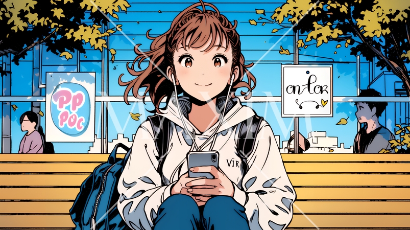 外出中にスマートフォンをいじくっている若い女性