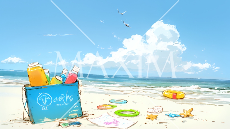 夏の青い空、青い海、白い雲と砂浜のコントラスト（クレヨン＋水彩画風）