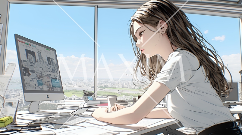 職場のデスクでパソコンに向かって仕事をしているビジネスウーマン