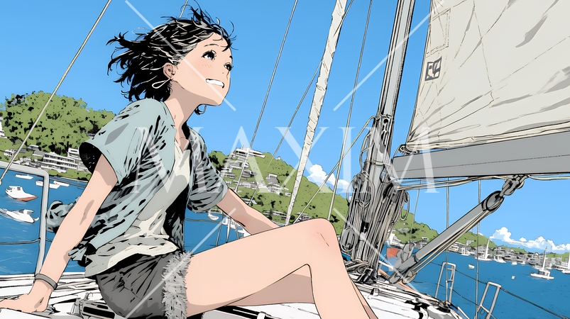 ヨットに乗っている若い女性