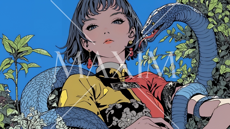 年賀状用：ヘビとなかよしの若い女性